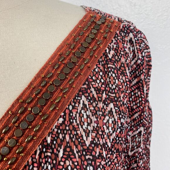 Catherines Womens Tunic Blouse 14/16 0X Boho Pleated Beaded 3/4 Bell Sleeves - Picture 3 of 10